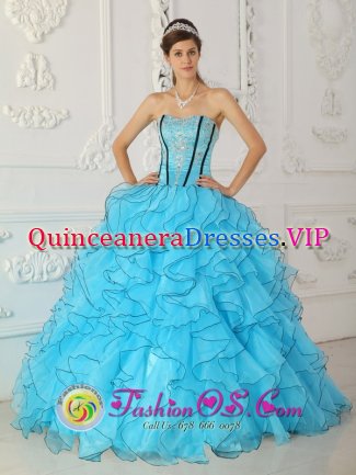Mountain Home Idaho/ID gorgeous Baby Blue Quinceanera Dress For Strapless Organza With Appliques Ball Gown