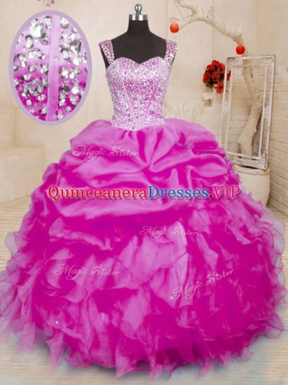 Glittering Fuchsia Lace Up Quinceanera Gown Beading and Ruffles and Pick Ups Sleeveless Floor Length - Click Image to Close