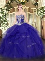 Exquisite Floor Length Blue Quinceanera Dresses Tulle Sleeveless Beading and Ruffles