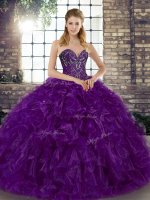 Customized Purple Ball Gowns Sweetheart Sleeveless Organza Floor Length Lace Up Beading and Ruffles 15 Quinceanera Dress(SKU SJQDDT2127002-2BIZ)