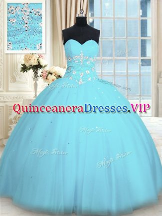 Light Blue Ball Gowns Sweetheart Sleeveless Tulle Floor Length Lace Up Appliques Quinceanera Dresses