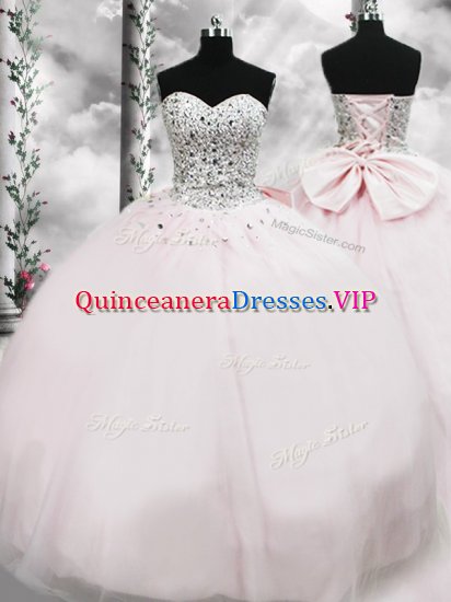 Deluxe Pink Sweet 16 Dresses Military Ball and Sweet 16 and Quinceanera with Beading and Bowknot Sweetheart Sleeveless Brush Train Lace Up - Click Image to Close