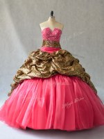 Extravagant Coral Red Ball Gowns Organza V-neck Sleeveless Beading and Pick Ups Floor Length Lace Up Quinceanera Gowns