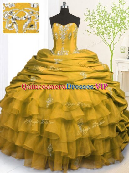 Unique Gold Strapless Neckline Beading and Appliques and Ruffled Layers and Pick Ups Quinceanera Gowns Sleeveless Lace Up - Click Image to Close