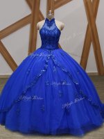 Fantastic Royal Blue Halter Top Lace Up Appliques Quinceanera Gowns Brush Train Sleeveless
