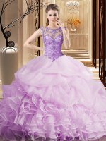 Cheap Lilac Ball Gowns Scoop Sleeveless Organza Brush Train Lace Up Beading and Ruffles and Pick Ups Quince Ball Gowns