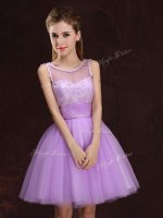 Scoop Sleeveless Mini Length Lace and Ruching Lace Up Vestidos de Damas with Lilac(SKU BMT0211DBIZ)