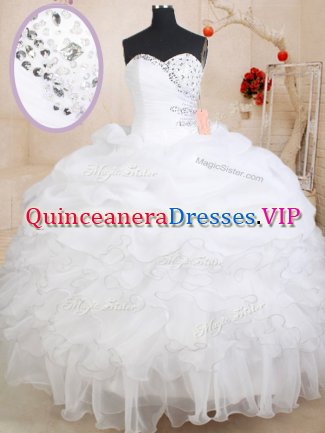Glorious Sweetheart Sleeveless 15 Quinceanera Dress Floor Length Beading and Ruffles and Pick Ups White Organza