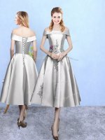Silver A-line Off The Shoulder Sleeveless Taffeta Tea Length Lace Up Appliques Vestidos de Damas