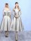 Silver A-line Off The Shoulder Sleeveless Taffeta Tea Length Lace Up Appliques Vestidos de Damas
