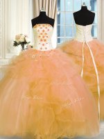 Sleeveless Tulle Floor Length Lace Up Quinceanera Gowns in Gold with Hand Made Flower