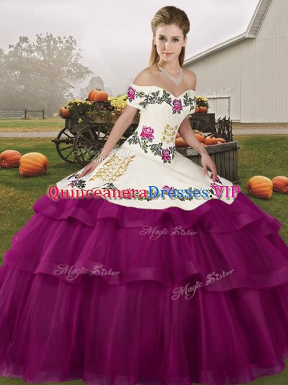 Off The Shoulder Sleeveless 15th Birthday Dress Brush Train Embroidery and Ruffled Layers Fuchsia Tulle - Click Image to Close