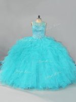 Aqua Blue Lace Up Quince Ball Gowns Beading and Ruffles Sleeveless Floor Length