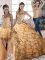 Gold Sleeveless Brush Train Ruffled Layers 15 Quinceanera Dress