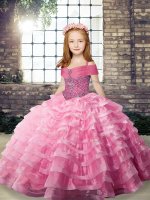 Custom Designed Rose Pink Kids Formal Wear Party and Military Ball and Wedding Party with Beading and Ruffled Layers Straps Sleeveless Brush Train Lace Up