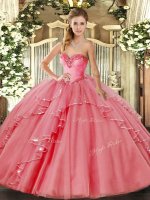 Deluxe Watermelon Red Tulle Lace Up Sweetheart Sleeveless Floor Length Quinceanera Dresses Beading and Ruffled Layers(SKU SJQDDT1365002-2BIZ)