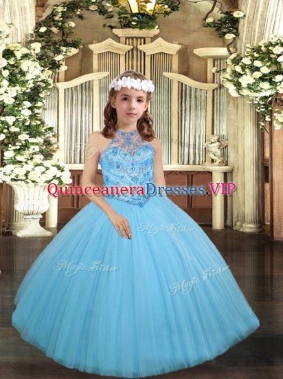 Aqua Blue Lace Up Kids Formal Wear Beading Sleeveless Floor Length - Click Image to Close