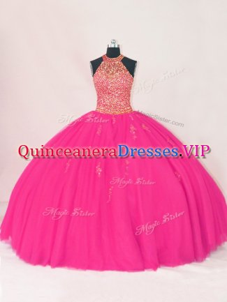 Glittering Hot Pink Lace Up Halter Top Beading and Appliques 15 Quinceanera Dress Tulle Sleeveless