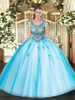 Luxurious Baby Blue Sleeveless Beading and Appliques Floor Length 15 Quinceanera Dress