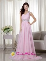 Graceful Baby Pink Empire One Shoulder Brush Train Chiffon Beading and Ruch Quinceanera Dama Dress in Kissimmee FL