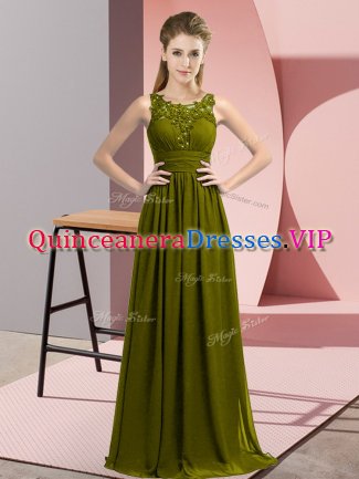 Scoop Sleeveless Zipper Quinceanera Court of Honor Dress Olive Green Chiffon