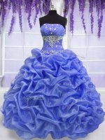 Sexy Blue Organza Lace Up Quinceanera Dresses Sleeveless Floor Length Beading and Pick Ups