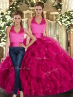 Fuchsia Sweet 16 Quinceanera Dress Sweet 16 and Quinceanera with Ruffles Halter Top Sleeveless Lace Up