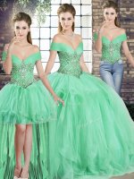 Colorful Apple Green Three Pieces Off The Shoulder Sleeveless Tulle Floor Length Lace Up Beading and Ruffles Sweet 16 Dress