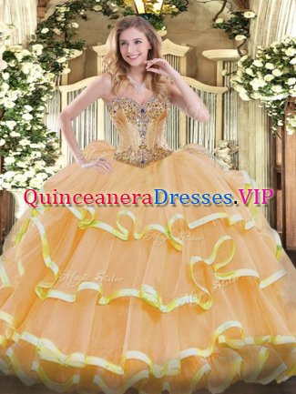 Gold Lace Up Quinceanera Dresses Beading and Ruffles Sleeveless Floor Length
