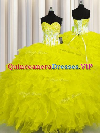 Artistic Yellow Lace Up 15th Birthday Dress Appliques and Ruffles Sleeveless Floor Length