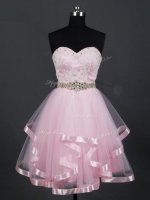 Baby Pink A-line Tulle Sweetheart Sleeveless Beading and Lace and Ruffles Mini Length Zipper Quinceanera Dama Dress