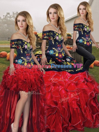 Floor Length Red And Black 15th Birthday Dress Organza Sleeveless Embroidery and Ruffles - Click Image to Close