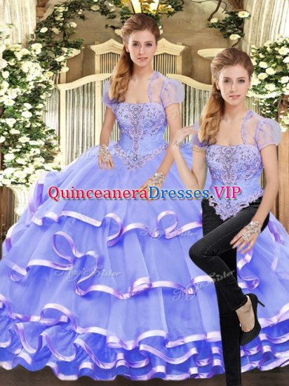 Modern Strapless Sleeveless Quince Ball Gowns Floor Length Beading and Ruffled Layers Lavender Organza - Click Image to Close