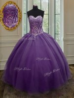 Flirting Purple Sweetheart Neckline Beading Quince Ball Gowns Sleeveless Lace Up