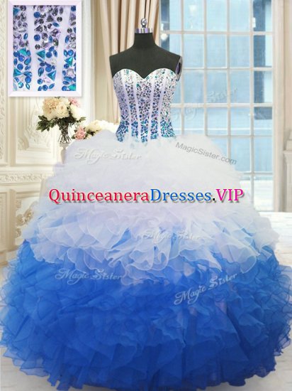 Delicate Floor Length Blue And White Sweet 16 Quinceanera Dress Organza Sleeveless Beading and Ruffles - Click Image to Close