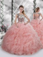 Luxurious Ball Gowns Quinceanera Dresses Baby Pink Scoop Organza Sleeveless Floor Length Lace Up