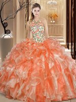 Scoop Orange Sleeveless Floor Length Embroidery and Ruffles Backless Sweet 16 Dresses