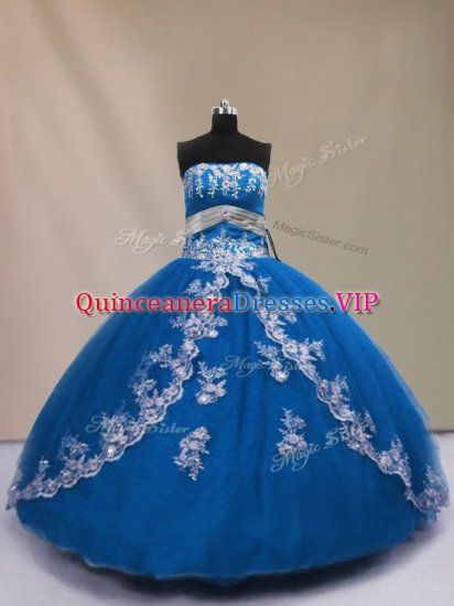 Sleeveless Floor Length Appliques Lace Up Quinceanera Gown with Blue - Click Image to Close