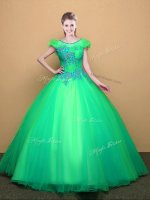 Turquoise Quinceanera Gowns Military Ball and Sweet 16 and Quinceanera with Appliques Scoop Short Sleeves Lace Up