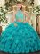 Vintage Halter Top Sleeveless Sweet 16 Quinceanera Dress Floor Length Beading and Ruffles Turquoise Organza