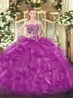 Fuchsia Organza Lace Up Quinceanera Dresses Sleeveless Floor Length Beading and Ruffles
