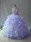 Delicate Halter Top Sleeveless Quinceanera Gowns Floor Length Beading and Ruffles Lavender Organza