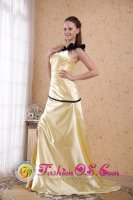 Kihei Hawaii/HI Elastic Woven Satin Light Yellow Ruch Quinceanera Dama Dress Column/Sheath One Shoulder Floor-length