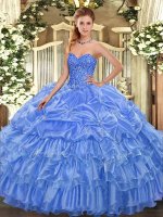 Enchanting Floor Length Baby Blue 15 Quinceanera Dress Organza Sleeveless Beading and Ruffled Layers and Pick Ups