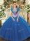 Custom Design Blue Sleeveless Tulle Lace Up Ball Gown Prom Dress for Military Ball and Sweet 16