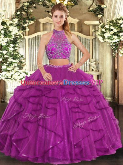 Sleeveless Floor Length Beading and Ruffled Layers Criss Cross Vestidos de Quinceanera with Fuchsia - Click Image to Close