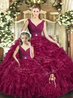 Charming Burgundy Quinceanera Dresses For with Beading and Ruffles V-neck Sleeveless Backless