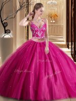 Hot Pink Sleeveless Beading and Appliques Floor Length Sweet 16 Dresses