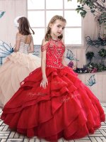 Red Lace Up Halter Top Beading and Ruffled Layers Child Pageant Dress Organza Sleeveless