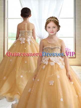 Customized Gold Zipper Kids Formal Wear Beading and Appliques Sleeveless Brush Train